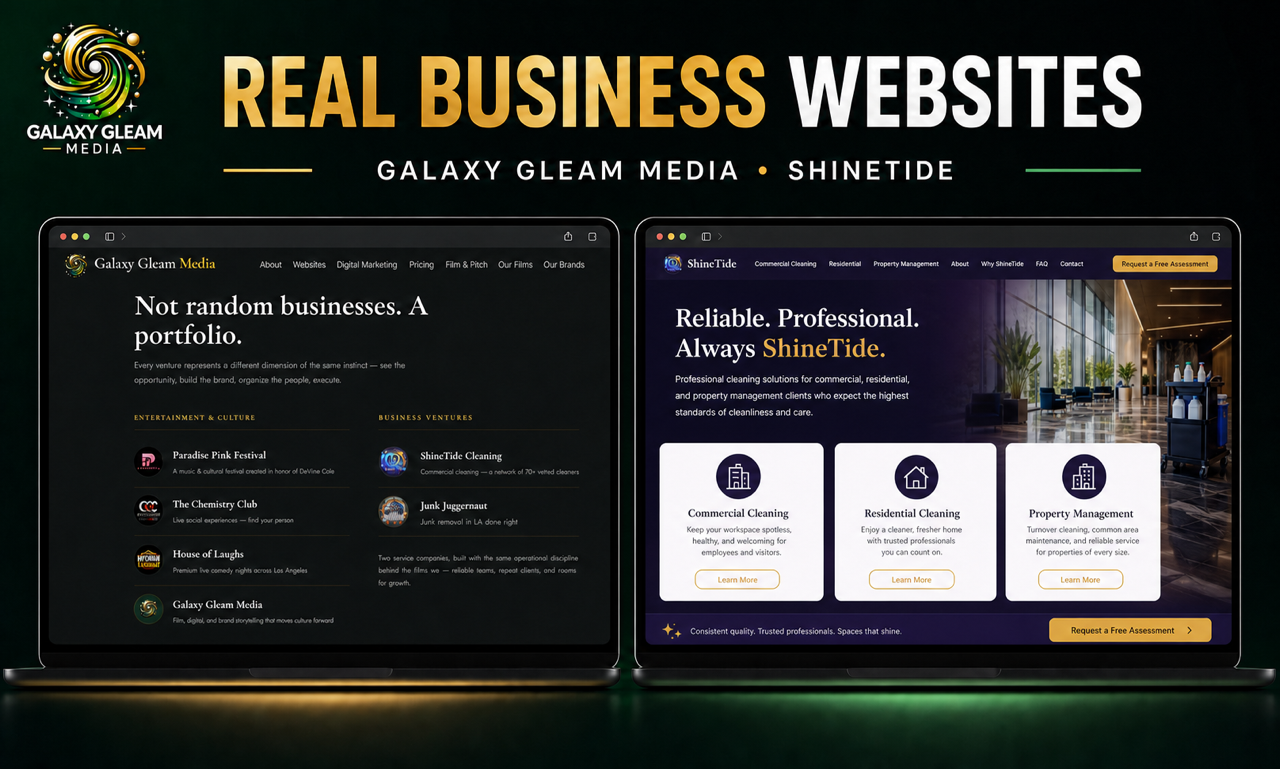 Galaxy Gleam Media and ShineTide custom business website designs