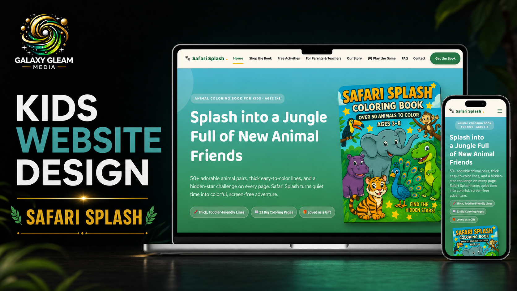 Safari Splash kids website design shown on desktop and mobile